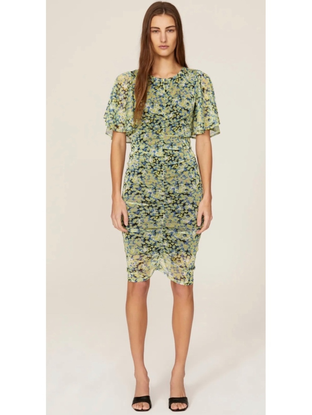 Saunders Collective Ruched Mesh Floral Dress Size 12 Green Blue Sheath